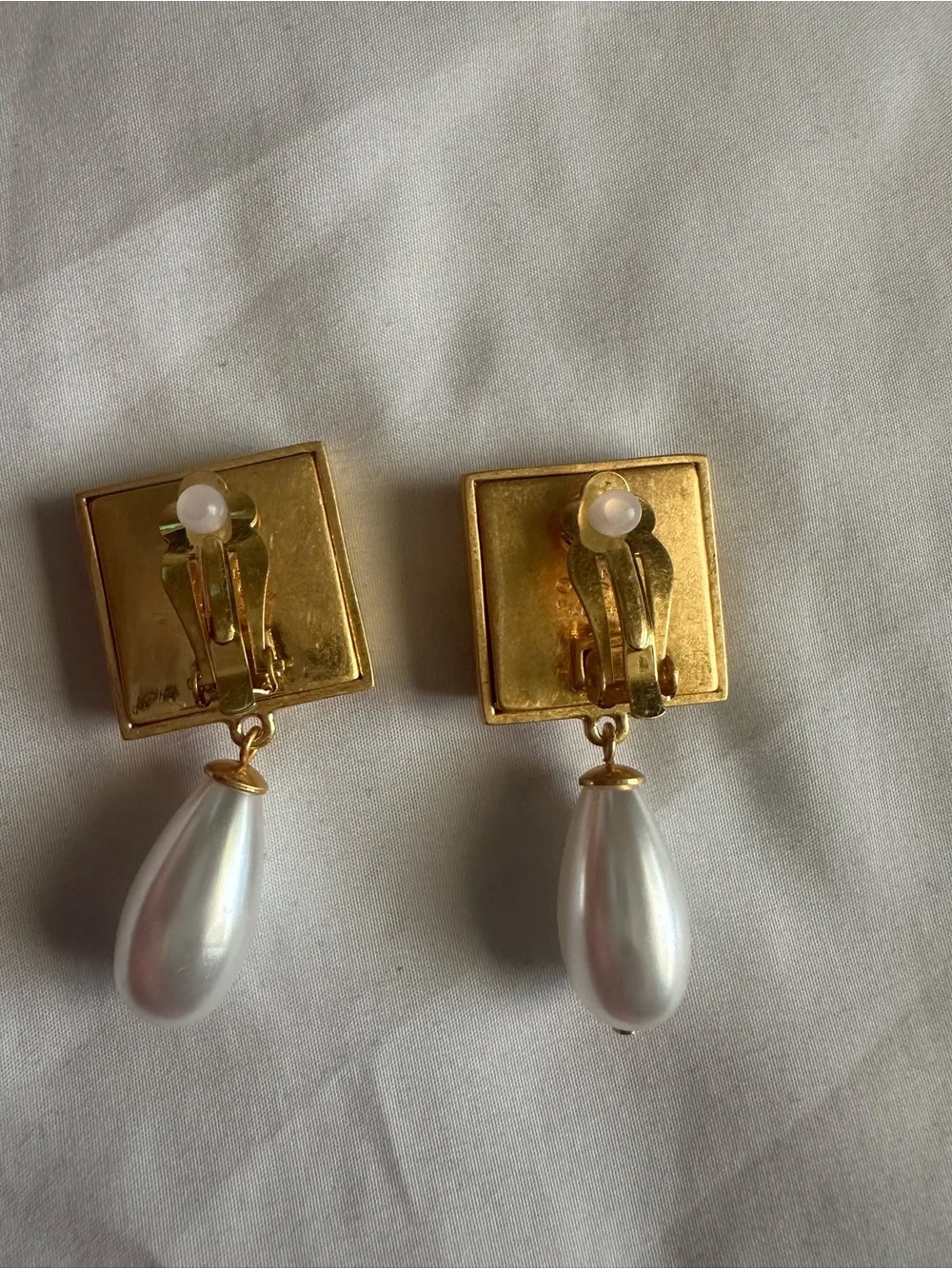 Chanel Vintage Rare Logo Square Block & Pearl Drop Earrings